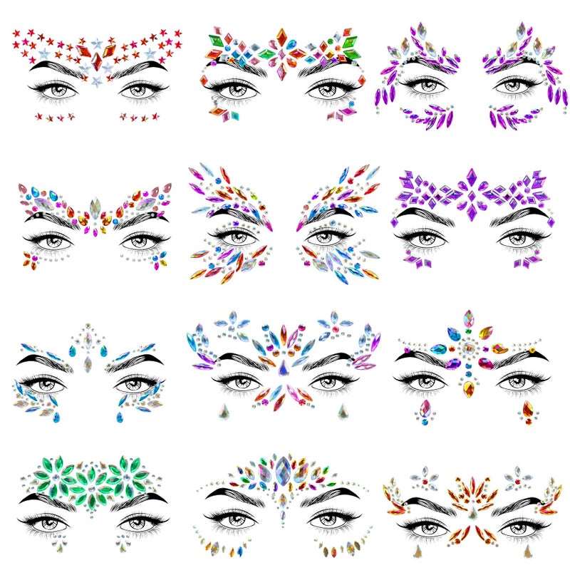 Allruyee 12 Sets Face Jewels Face Gems Mermaid Glitter Rhinestone Crystal Sticker Waterproof Eyes Face Temporary Tattoos for Party,Rave Festival,Carnival,Holiday Costumes,Rave Accessories,Makeup - Image 1